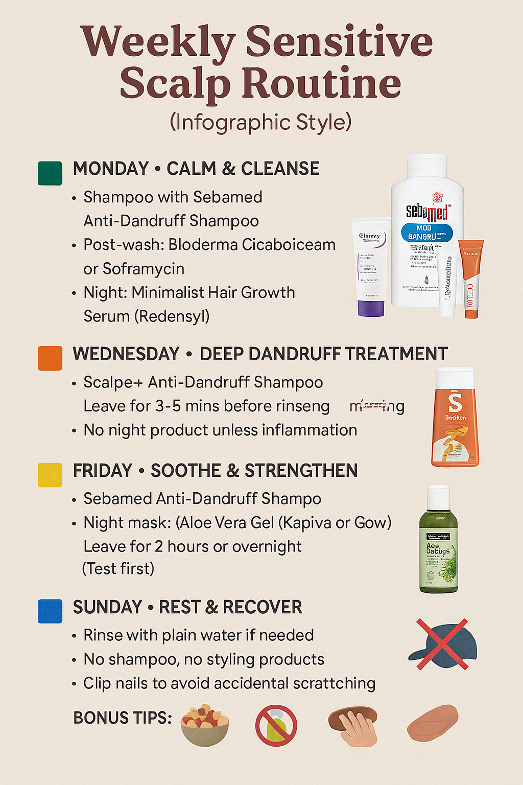Weekly sensitive scalp care routine infographic with shampoo and aloe vera treatments