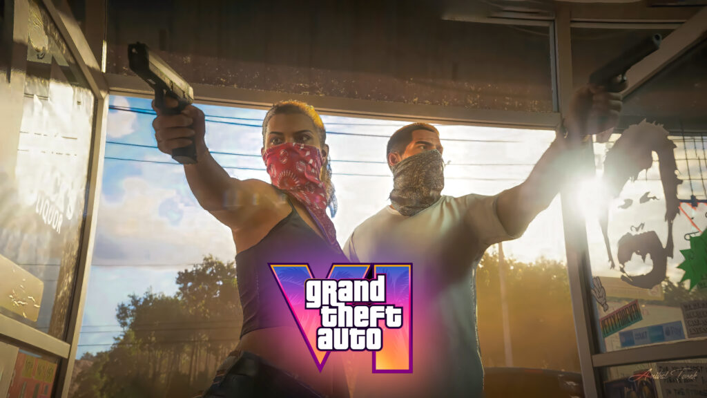 GTA VI characters Jason and Lucia depicted in a high-speed chase